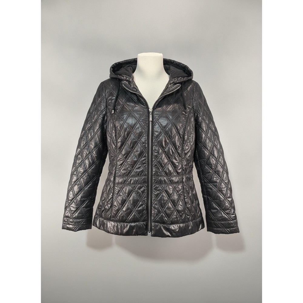 White House Black Market Metallic Quilted Puffer Jacket Gunmetal Leopard M